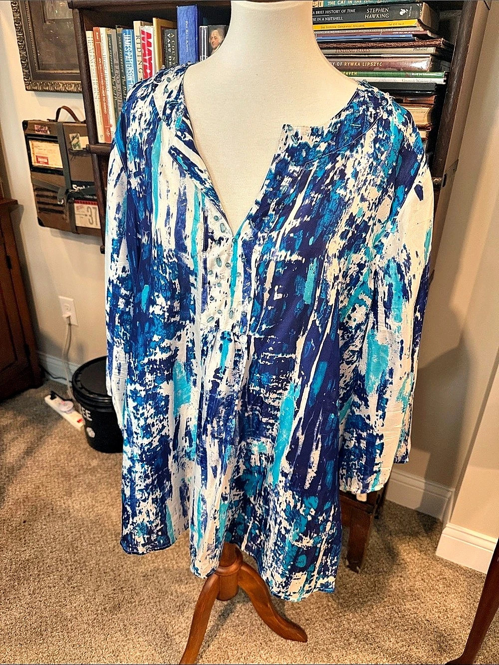 Soft Surroundings Abstract Silk Blouse in Blue & White Size 3X